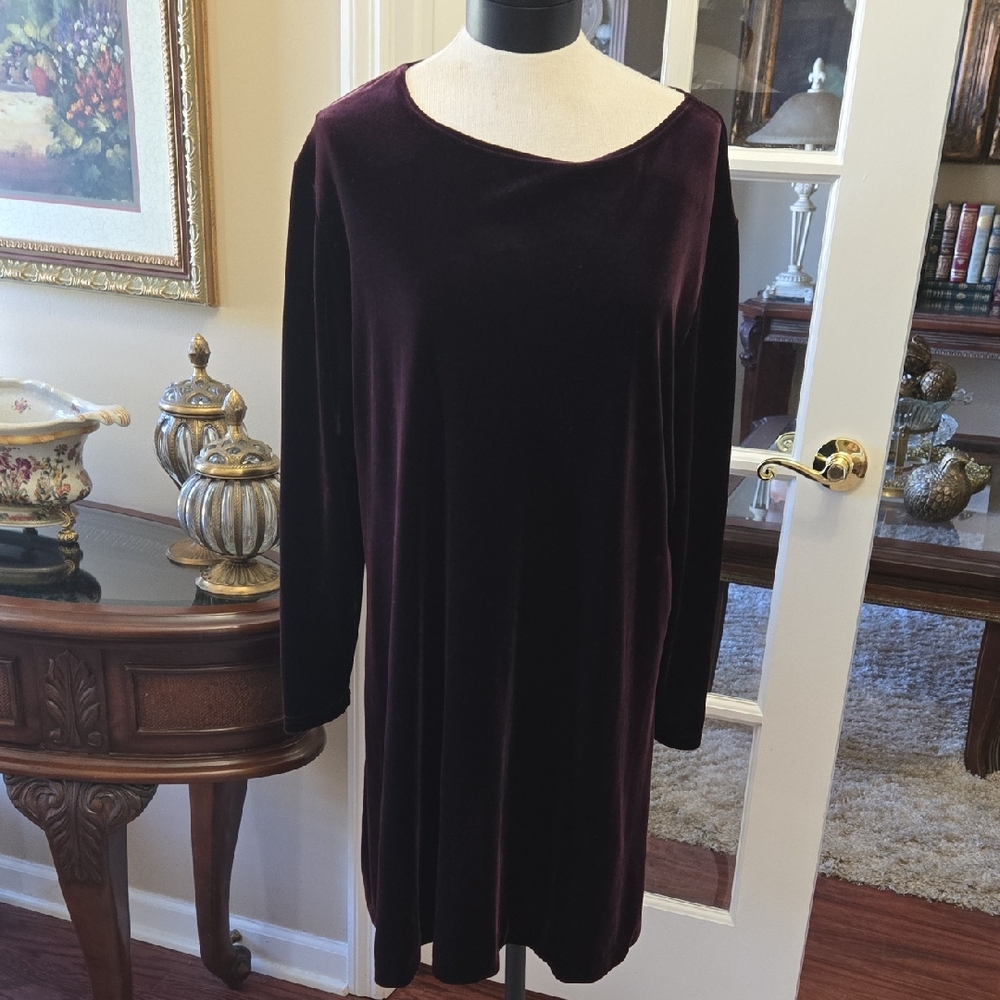 Jacqueline Ferrar Long Sleeve Deep Wine Velvet Dress Scoop Neck Stretch 16 EUC